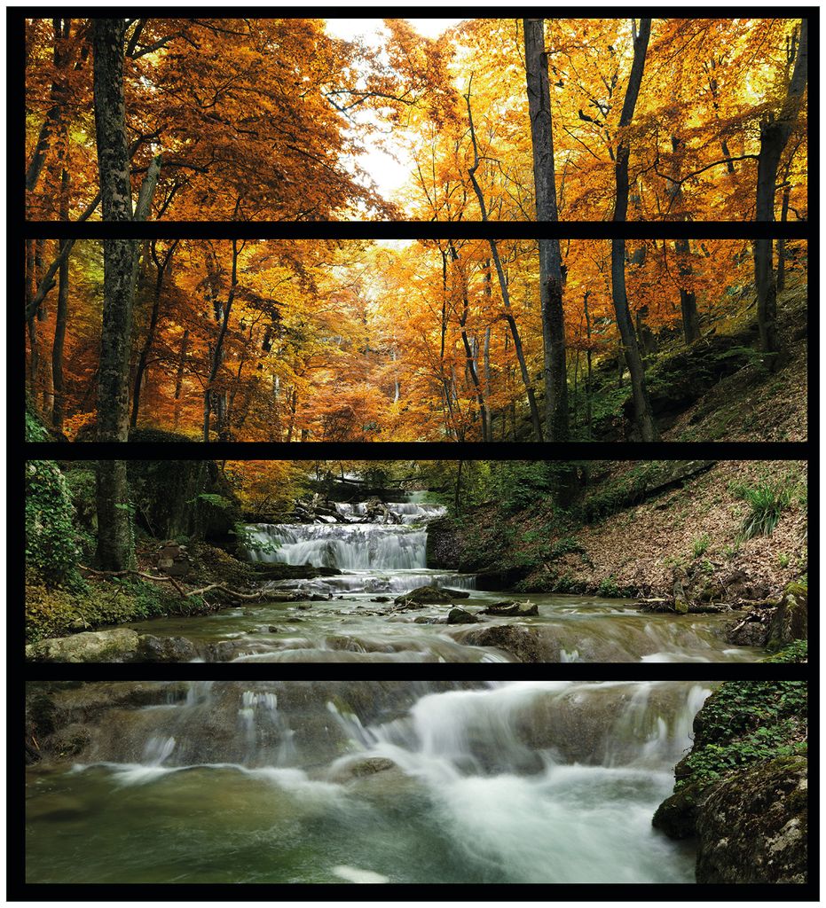 Wallario Möbelfolie / Aufkleber, geeignet für Ikea Malm Kommode mit 4 Schubfächern - Kleiner Bach über Steine im Herbstwald