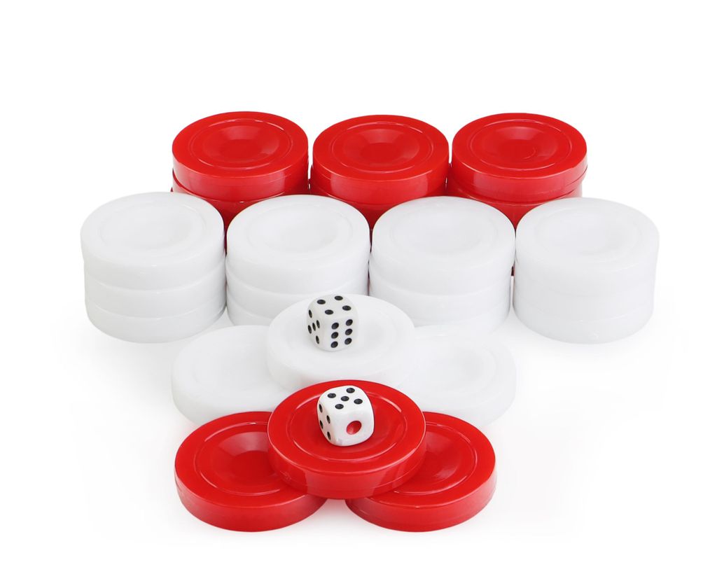 Kunststoff Backgammon Spielsteine Checkers TOKEN / Tavla Pulu ca. 35 mm. (Rot-Weiß)