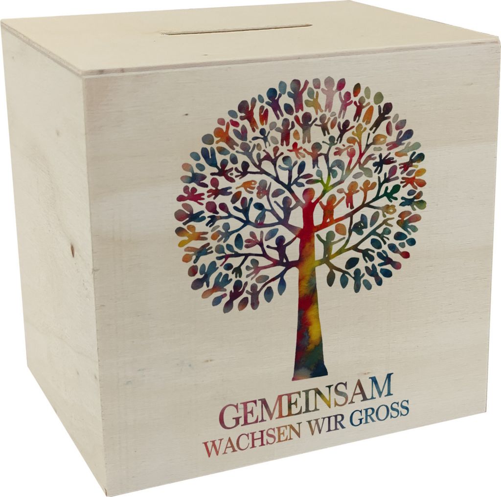Gemeinsam wachsen, Baum aus Kindern Spardose aus Holz