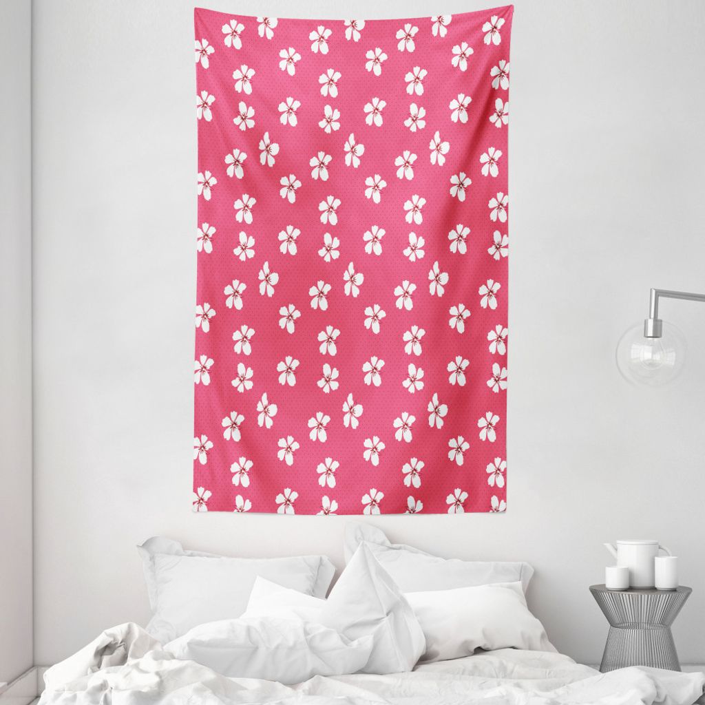 ABAKUHAUS Pink und Weiß Wandteppich und Tagesdecke, Hibiscus und Pistils aus Weiches Mikrofaser Stoff Waschbar ohne Verblassen Digitaldruck, 140 x...