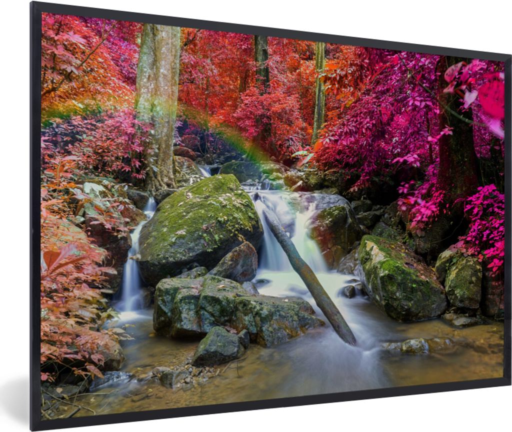 MuchoWow Gerahmtes Poster Regenbogen - Wasserfall - Bäume - Steine - Moos 60x40 cm - Poster mit Schwarzem Bilderrahmen Wandposter Rahmen Foto Bi...