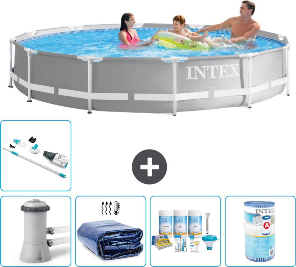 Intex Round Prism Frame Swimming Pool – 366 x 76 cm – Grau – inklusive Pumpe Sonnensegel - Wartungspaket - Filter - Staubsauger