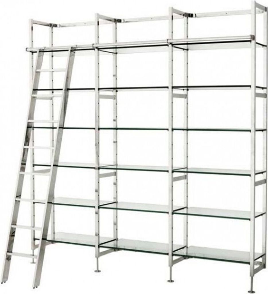 Casa Padrino Luxus Regal Schrank Edelstahl Poliert mit Glasböden und Leiter B 223 x H 245 cm Bücherregal Regal Schrank - Art Deco Möbel