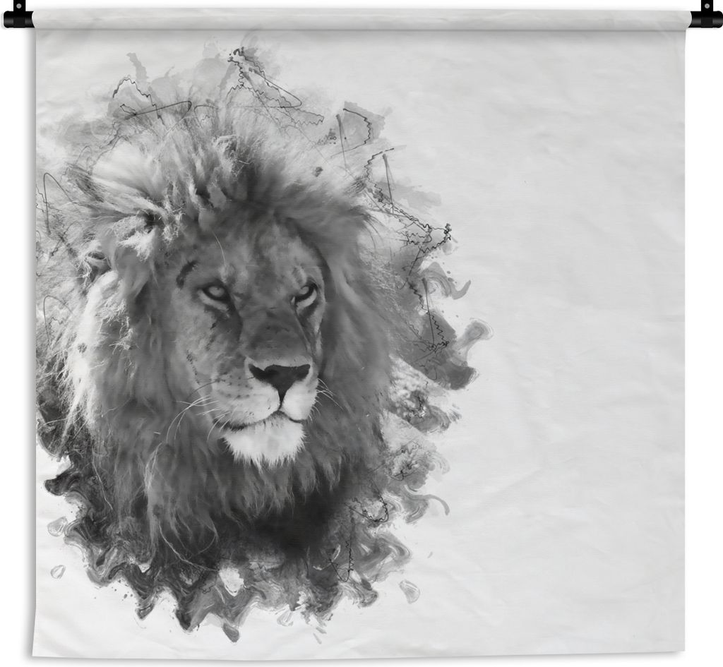 MuchoWow Wandteppich Wandbehang Löwe - Linie - Schwarz - Weiß 150x150 cm Tapisserie Dekoration Wandtuch - Wohnaccessoires - Modernes