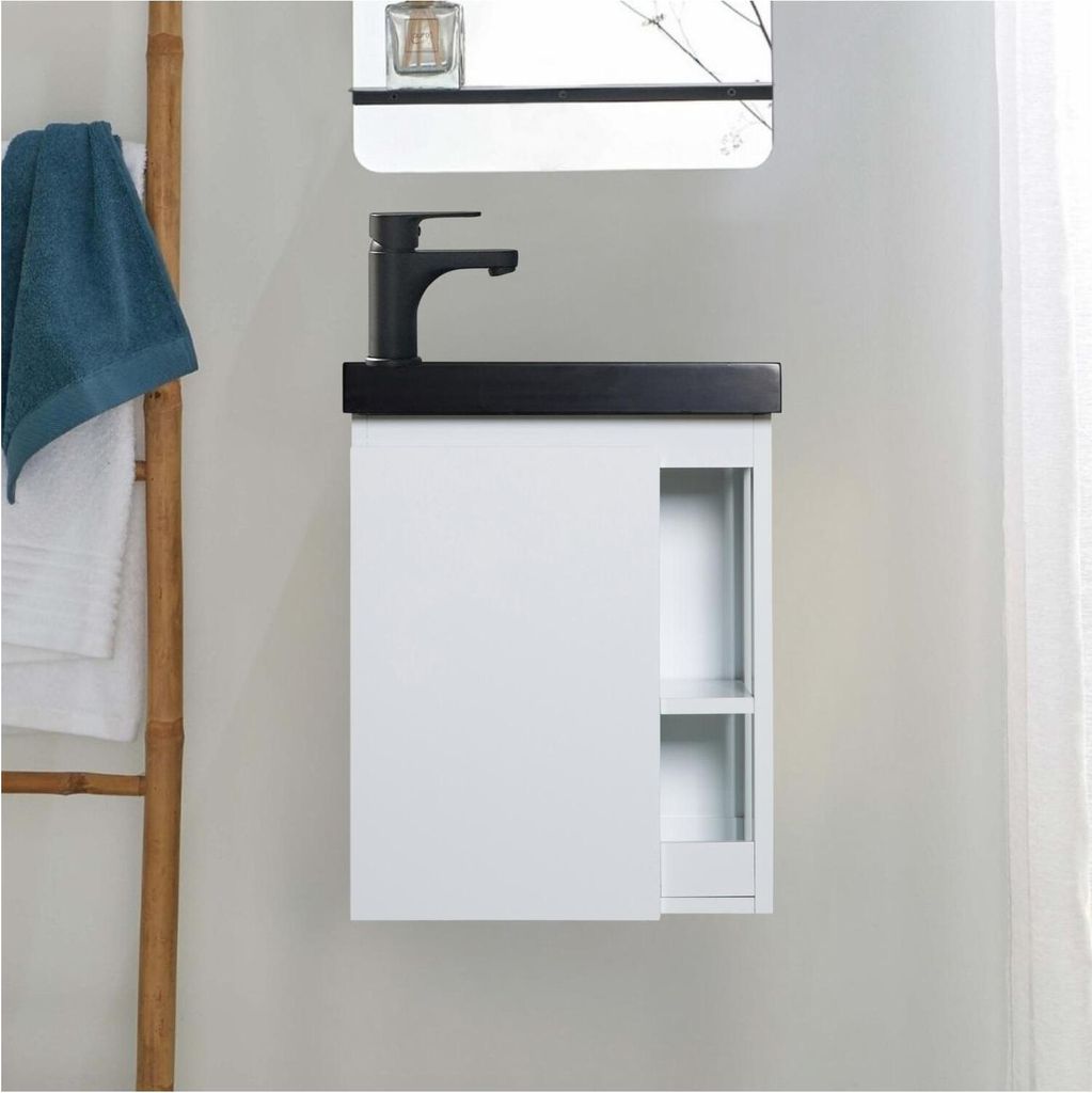 Schwarzes Waschbeckenset HAMPTON mit seitlicher Ablage und Wasserhahn