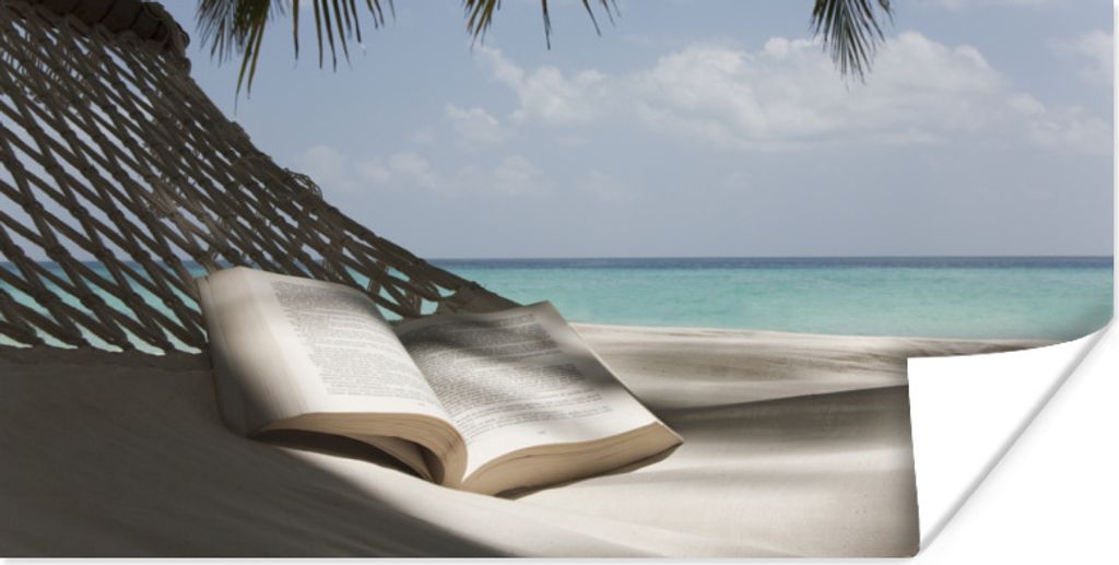 MuchoWow Poster Hängematte - Buch - Strand 120x60 cm - Bild