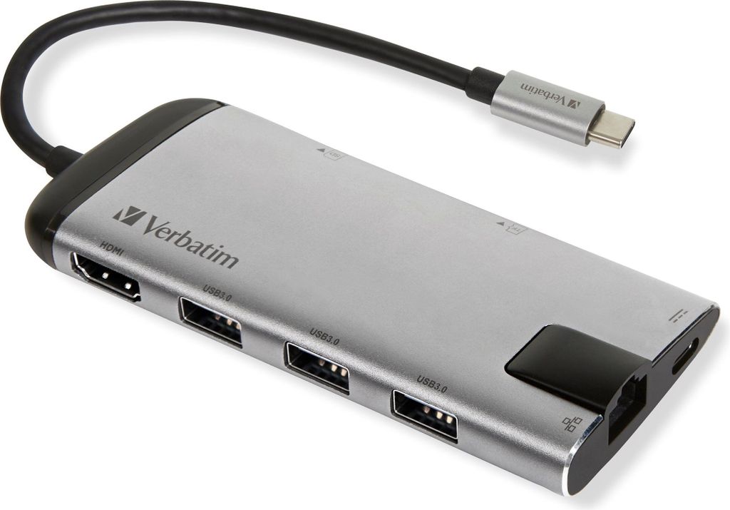 A silver USB-C adapter with multiple ports, including HDMI and USB 3.0, is shown against a white background.