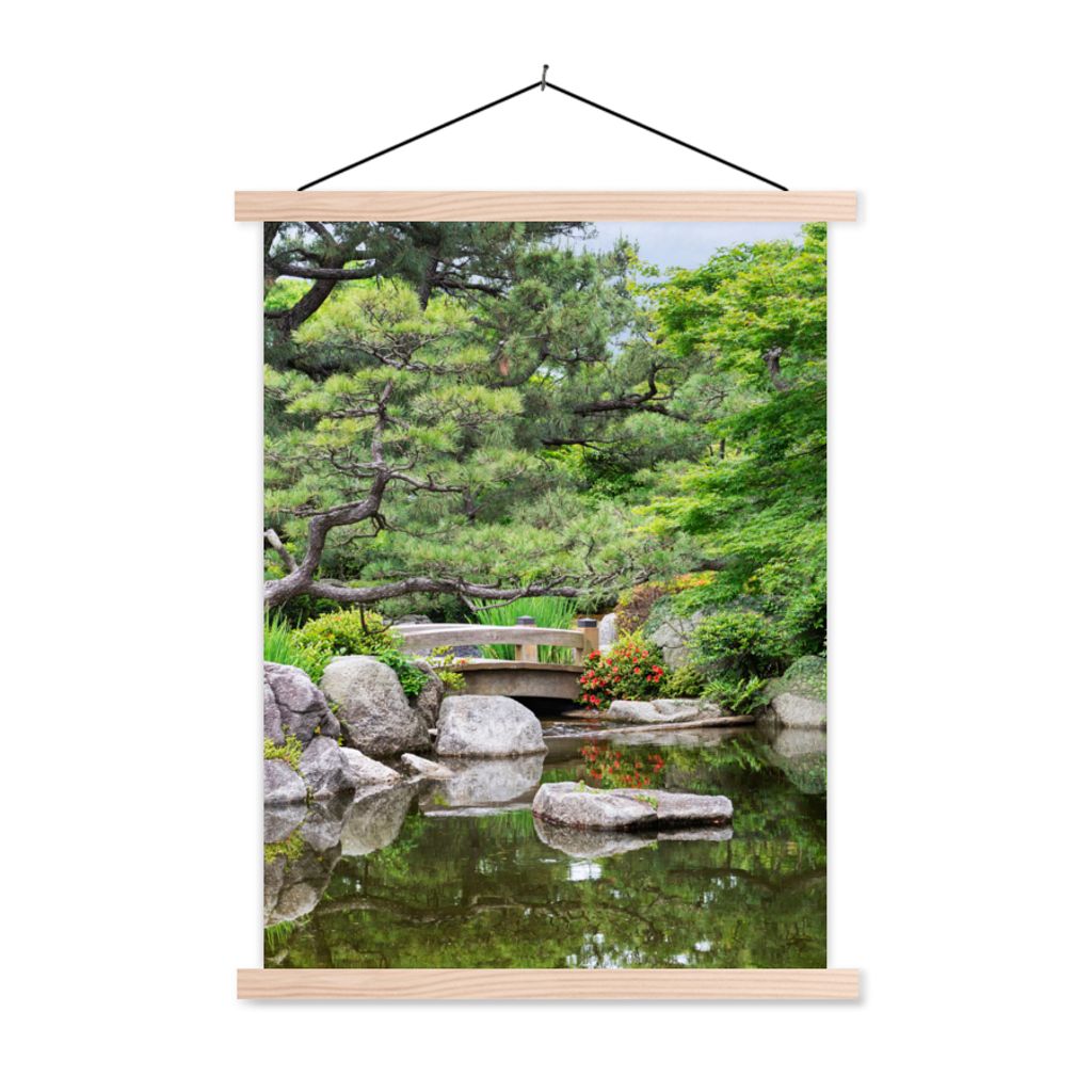 MuchoWow Textilposter Japanisch - Natur - Wasser - Steine - Bäume 60x80 cm mit holzfarbenen Rahmen - Wandbild