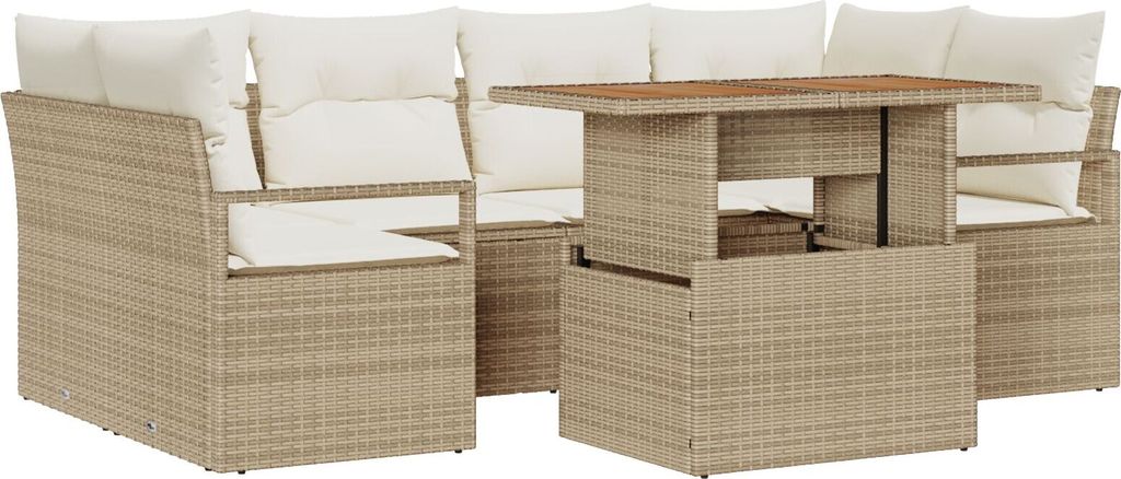 7-teiliges Garten Sofa Set mit Kissen Beige Poly Rattan, 2-Sitzer Garten Sofa mit Stauraum & Kissen Beige Poly Rattan, Gartensofas DesignMöbel Neu