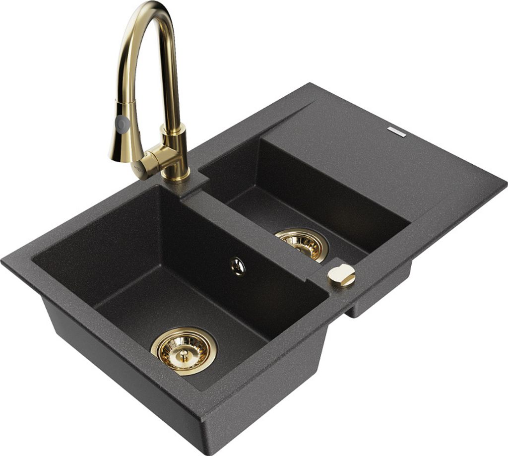 Mexen Gaspar 1,5-Becken-Granitspüle mit Abtropffläche und Mischbatterie Elia, Schwarz gesprenkelt - 6507-76-670101-50