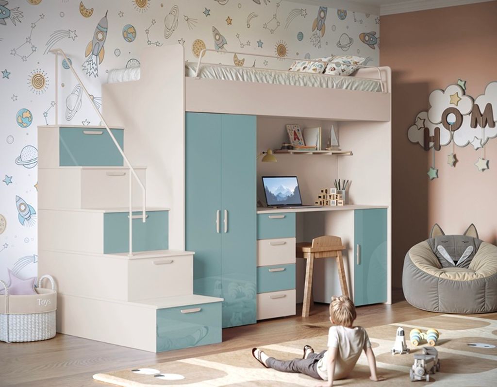 Etagenbett TOMI 4s, Hochglanz Kinderbett Hochbett, MIT Matratze und Lattenrost (Cashmere + Hellblau, Glanz)
