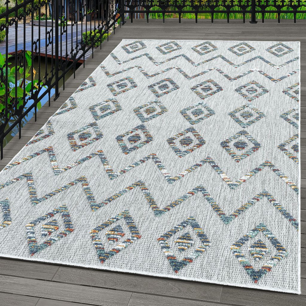 Indoor & Outdoor Teppich Wetterfest Boho Design Küchen Balkon Terrasse, Farbe:Multi, Grösse:140x200 cm