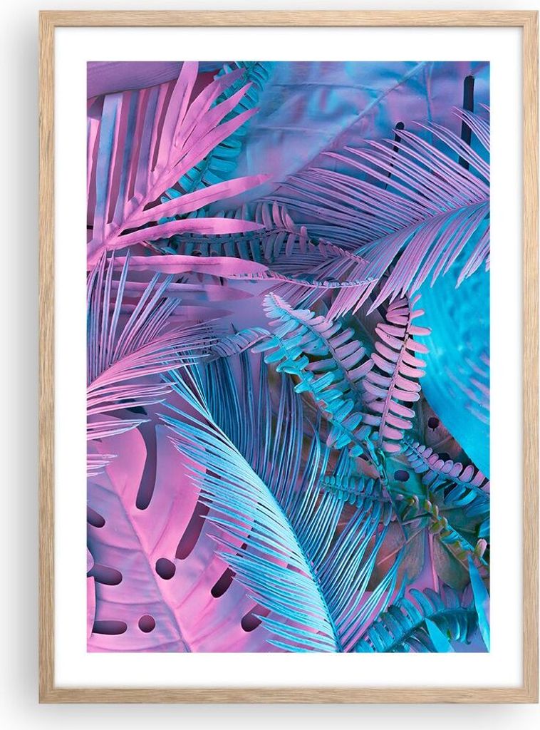 Gerahmtes Poster - Rahmen in heller Eiche - Blätter Rosa Blau - 50x70 cm - Wand Bild - Wanddeko - Wandbilder - Kunstposter - Wandposter - Bilderra...
