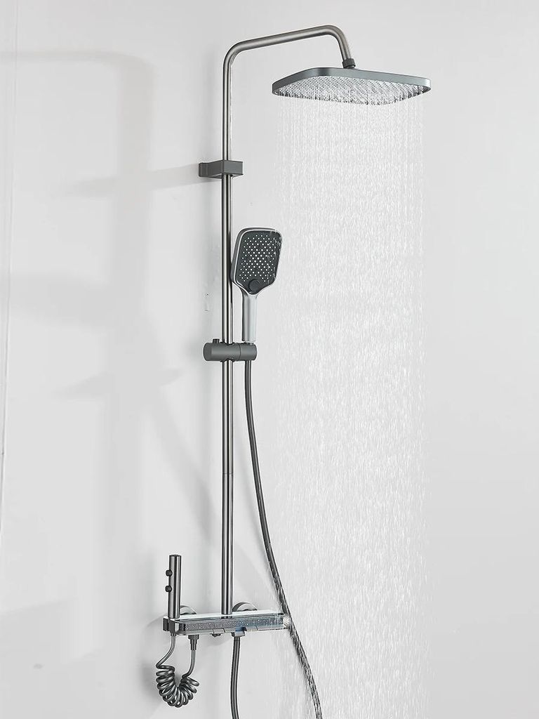 Luxus-Duschsystem - Wandmontiert - Digitalanzeige - 4-Wege-Wasserauslass - Regendusche - Höhenverstellbar, drehbar - Einhebelmischer - Dunkelgrau