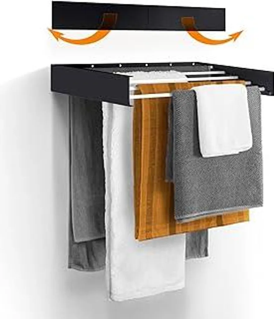 Stendibiancheria - Montaggio a parete - Retraibile - Stendibiancheria pieghevole per interni o esterni - Design compatto e sottile (nero, 70 cm)