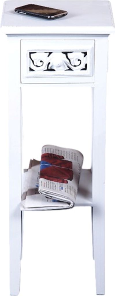 A white side table with a drawer and a shelf, holding a folded newspaper and a mobile phone on top.