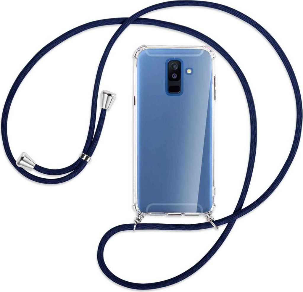 Handykette Backcover-Schutzhülle mit Band (Metall silberfarben) für Samsung Galaxy A6 Plus 2018 / J8 - dunkelblau