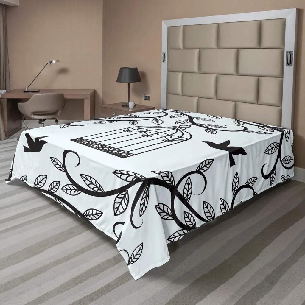 Lenzuolo ABAKUHAUS Uccelli e Gabbie 244x205cm Blu Nero Moderno