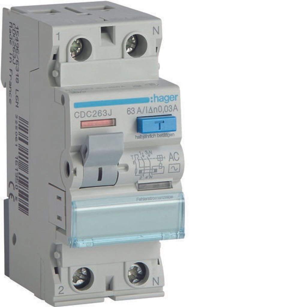 HAGER RCCB Fehlerstromschutzschalter 1P+N 63A 30mA 6kA AC Produktbild 