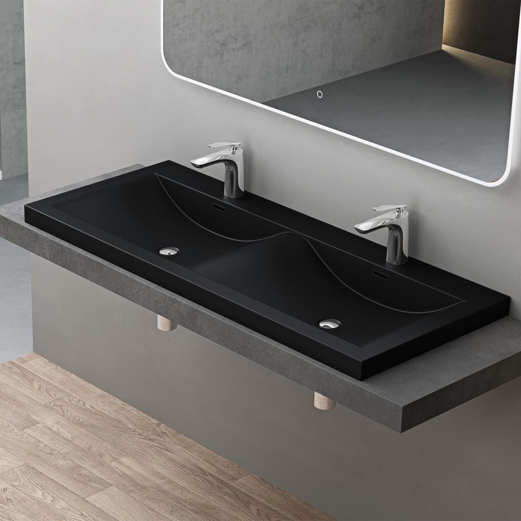 doporro Einbauwaschbecken Mineralguss Waschbecken BxTxH: 120x48x12cm in schwarz Gussmarmor Waschplatz Doppelwaschbecken Waschtisch Colossum03