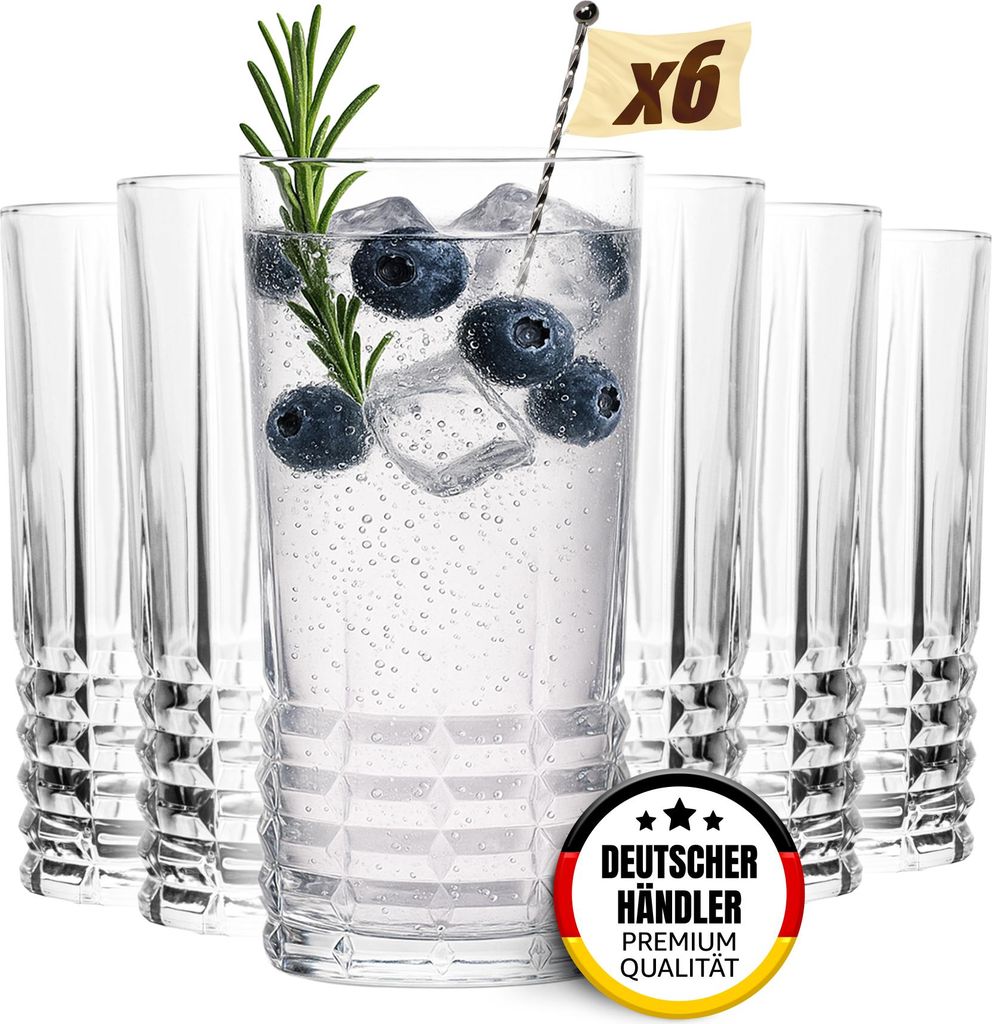 Muvell 6er Longdrink Gläser Set „Finland“ - 370 ml Latte Macchiato Gläser & Trinkgläser - 3 mm Glasstärke - ideal als Matcha Gläser, Cockt...