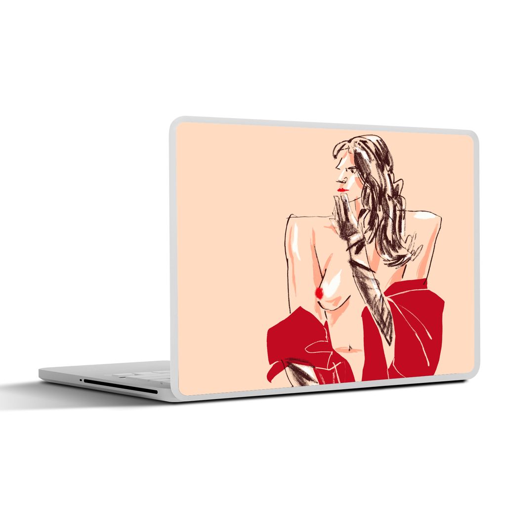 MuchoWow Laptop Aufkleber Sticker Cover Frau - Porträt - Pastell - Rot 40x30 cm - Laptop Dekoration - Selbstklebend