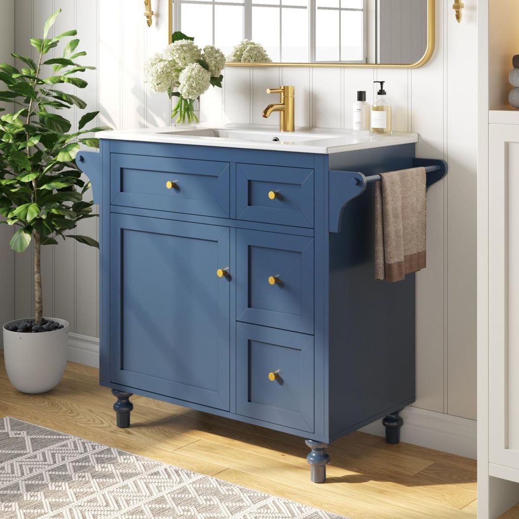 Waschbeckenunterschrank mit Auszugsschubladen und Handtuchhalter Badezimmerschrank Keramikwaschbecken 99.5*45*86cm Blau