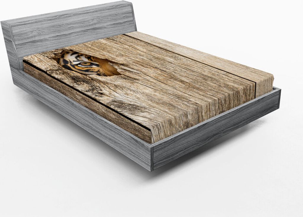 ABAKUHAUS Safari Spannbetttuch, Sibirisches Tiger Auge, Durch Hölzernes Aussichtloch Raubtier Big Cat Wild Druck, 135 x 190 cm, Tan