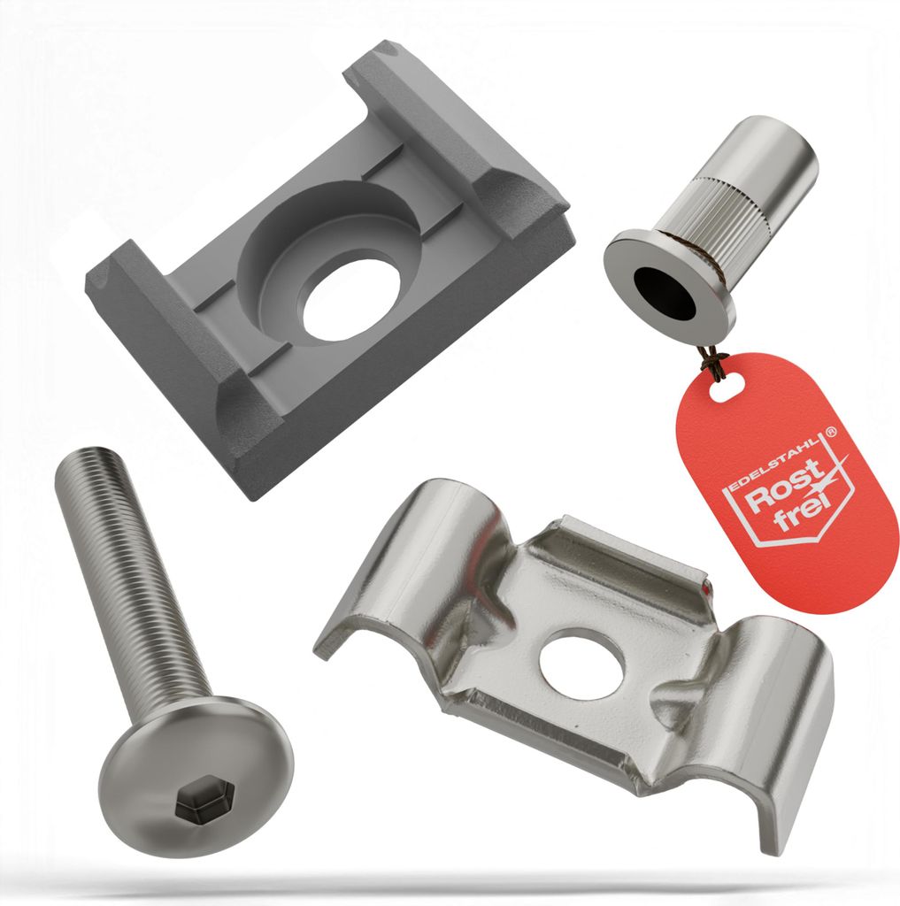 Qualinos Zaunhalter flache Auflage & Butterfly Klemmplatte (100 Stück) – V2A Komplettset Silber 9006 Stabmattenzaun Zubehör