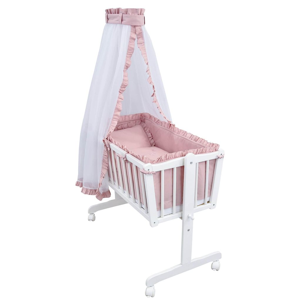 Baby-Delux Wiege Schaukelwiege Babywiege Weiß 90x40 cm Bettset Komplett Wiegenset Royal Rosa Rüsche