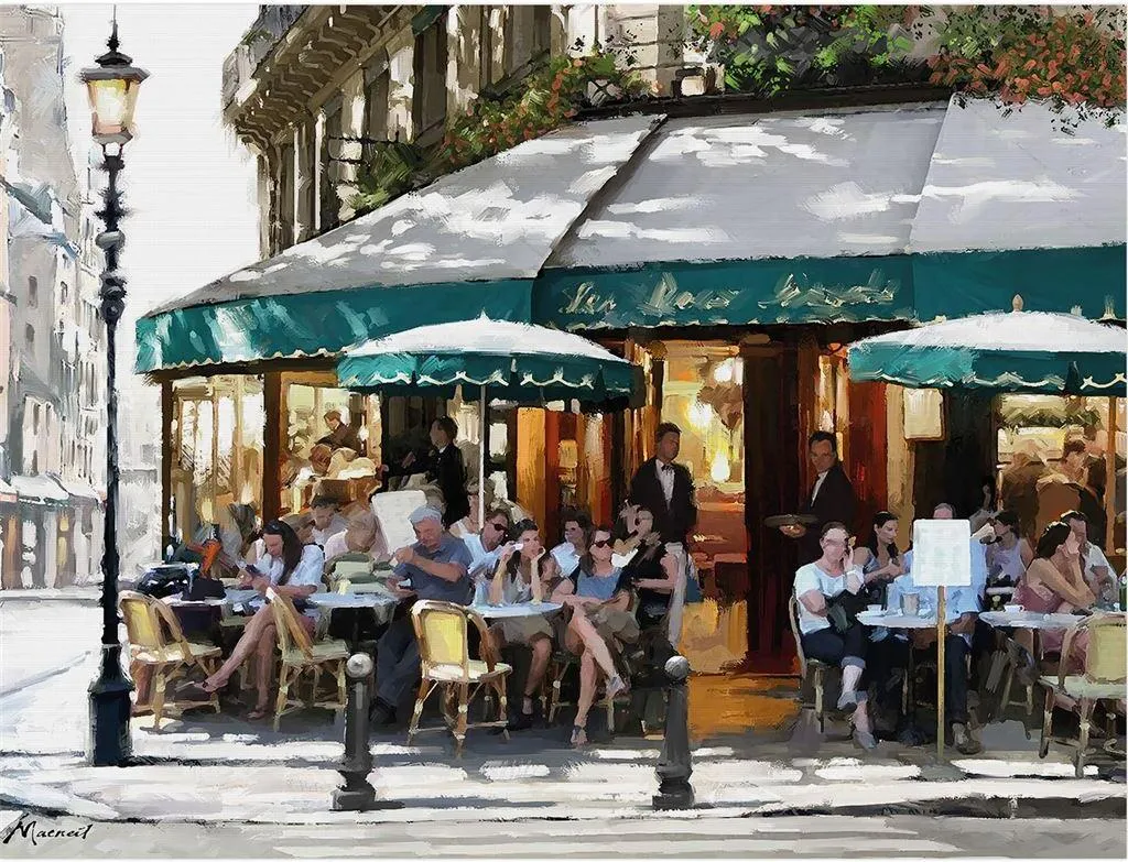 Tableau coloré Corner Cafe Richard Macneil 40x30 cm châssis en bois