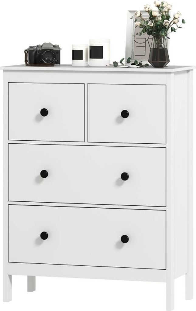 Kommode mit 4 Schubladen, für Kleidung & Bettwäsche, Wohnzimmer, Schlafzimmer, Flur, Spanplatte, Weiß