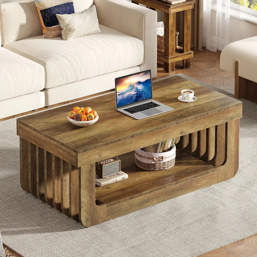 Table basse bois MDF 2 niveaux brun rustique grand format 120x60 cm - 3