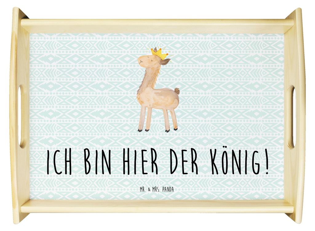 Mr. & Mrs. Panda Tablett Lama König - Aztekenblau - Geschenk, Chef, Servier, Abitur, serviertablett aus holz, Papa, sofatablett, Freundin, Sofa, L...