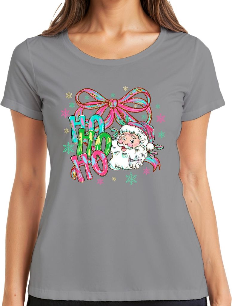 Ho Ho Ho Weihnachtsmann Schleife Schneeflocken Retro Geschenk Damen T-Shirt, Grau, XXL
