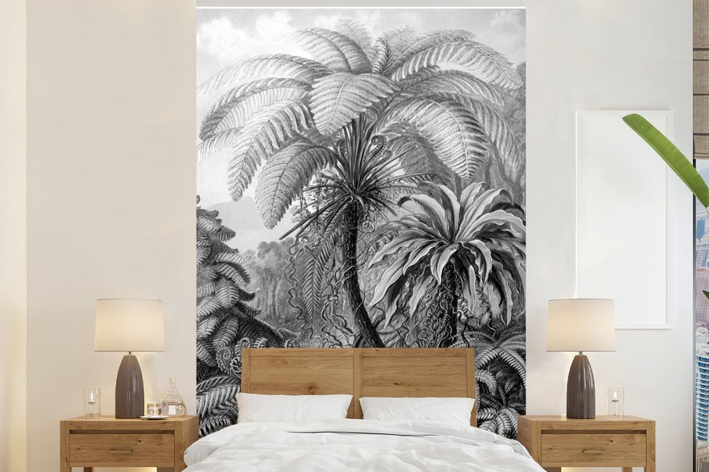 MuchoWow Fototapete für Wohnzimmer oder Schlafzimmer Wandtapete Vinyl Motivtapete Pflanzen - Schwarz und weiß - Design - Illustration - Botanis...