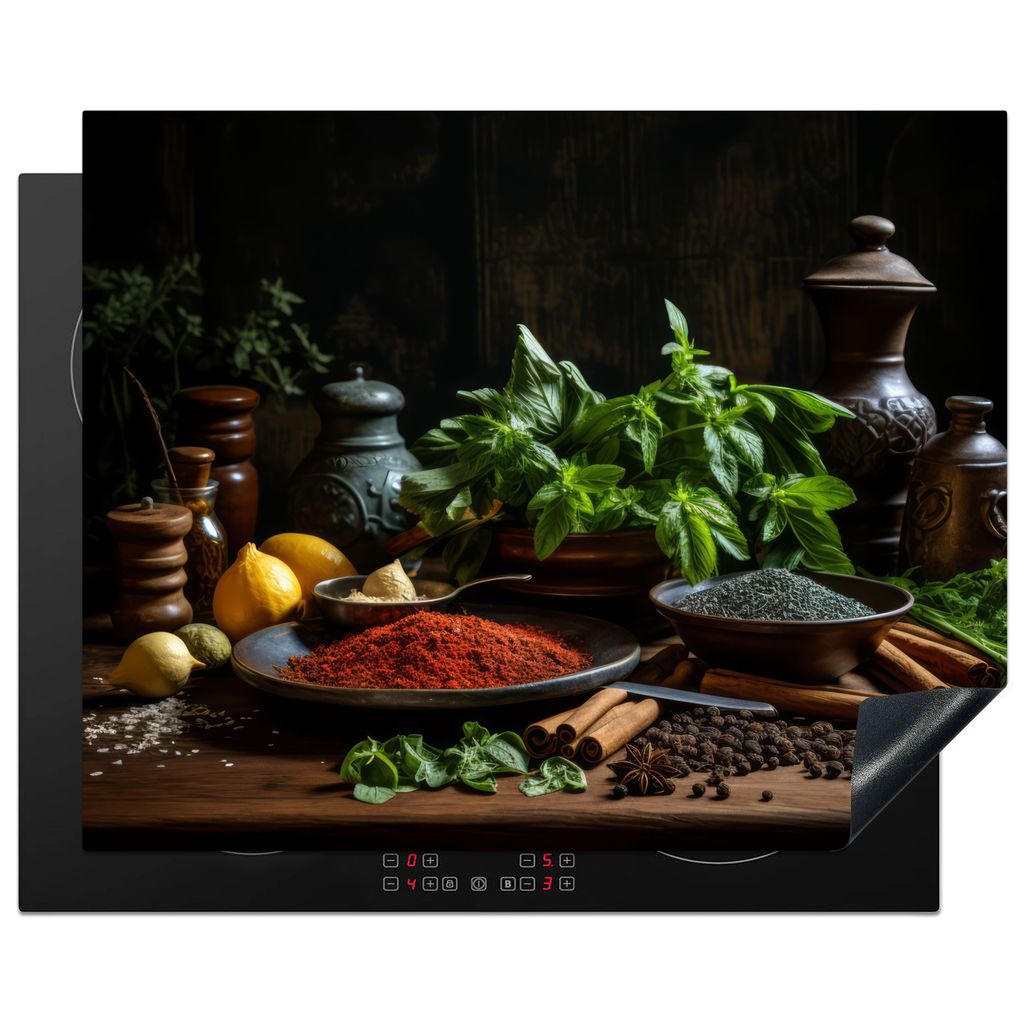 KitchenYeah Herdabdeckplatte Stilleben - Kräuter - Schwarz , 65x52cm, Küche Deko, Glaskeramikkochfeld Herdabdeckung, Abdeckplatte fùr Kochfeld