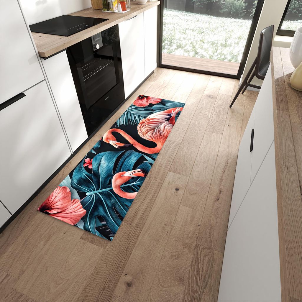 Küchenteppich 60x180cm rutschfest & abwischbar PVC Läufer - Flamingos und Blumen
