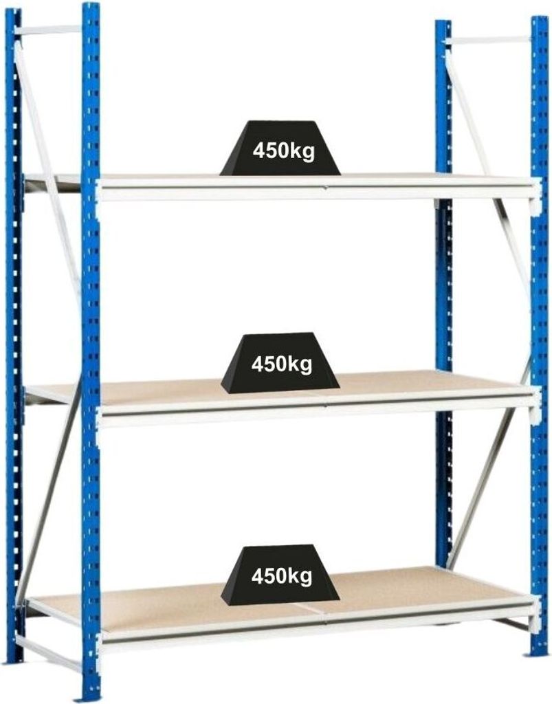 Weitspannregal MAXIMUS | Grundregal | HxBxT 200x175x120cm | 4 Ebenen | Spanplatten-Fachboden | Fachlast 450kg | Lichtblau/Lichtgrau