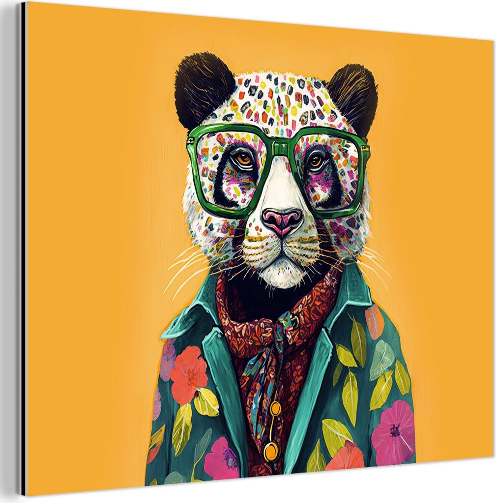 MuchoWow Wanddekoration Metall Metallbild Wandkunst 80x60 cm Panda - Brille - Hippie MuchoWow Aluminium Gemälde - Alubild