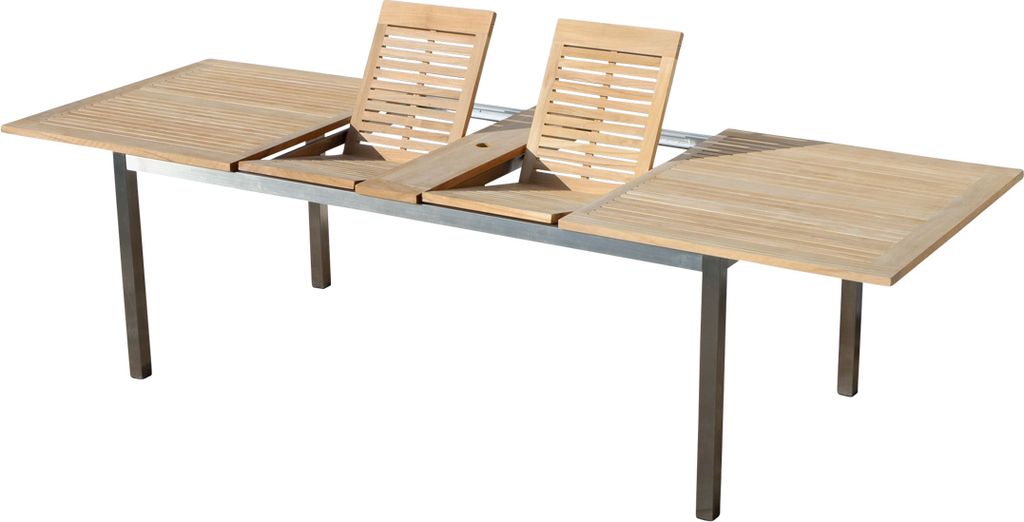 ALEOS. Edelstahl Teak Ausziehtisch 200/240/280x100 cm Gartentisch Holztisch Esstisch Tisch massive Ausführung A-Grade Teakholz Modell: KUBA