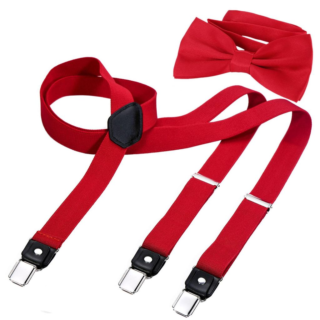 DonDon Herren Y-förmiger schmaler 2,5 cm Hosenträger elastisch und verstellbar im 2er Set mit farblich passender Fliege 12 x 6 cm - Rot