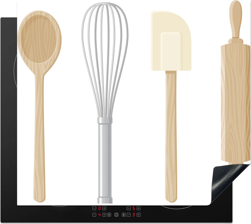 KitchenYeah Herdabdeckplatte Eine Schöpfkelle und andere Küchengeräte in einer Illustration , 57x51cm, Küche Deko, Glaskeramikfeld Herdabdeck...