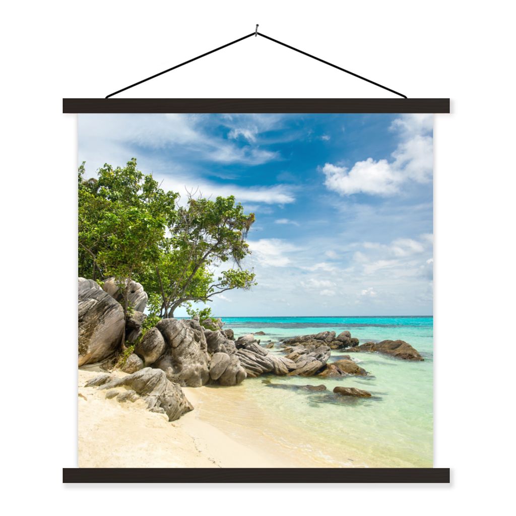 MuchoWow Textilposter Strand - Steine - Meer - Sommer 120x120 cm mit schwarzem Rahmen - Aufhängungsset