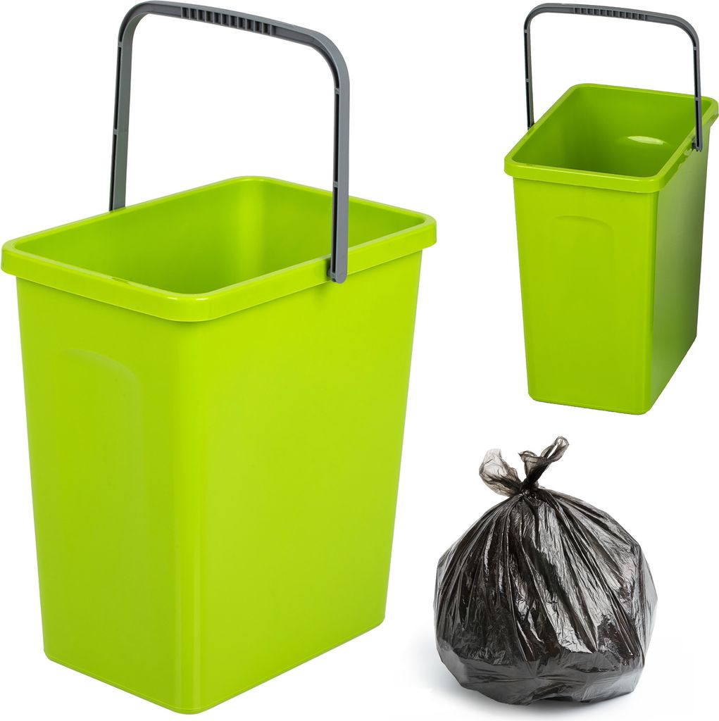 A collage of a green trash can and a black trash bag on a white background.