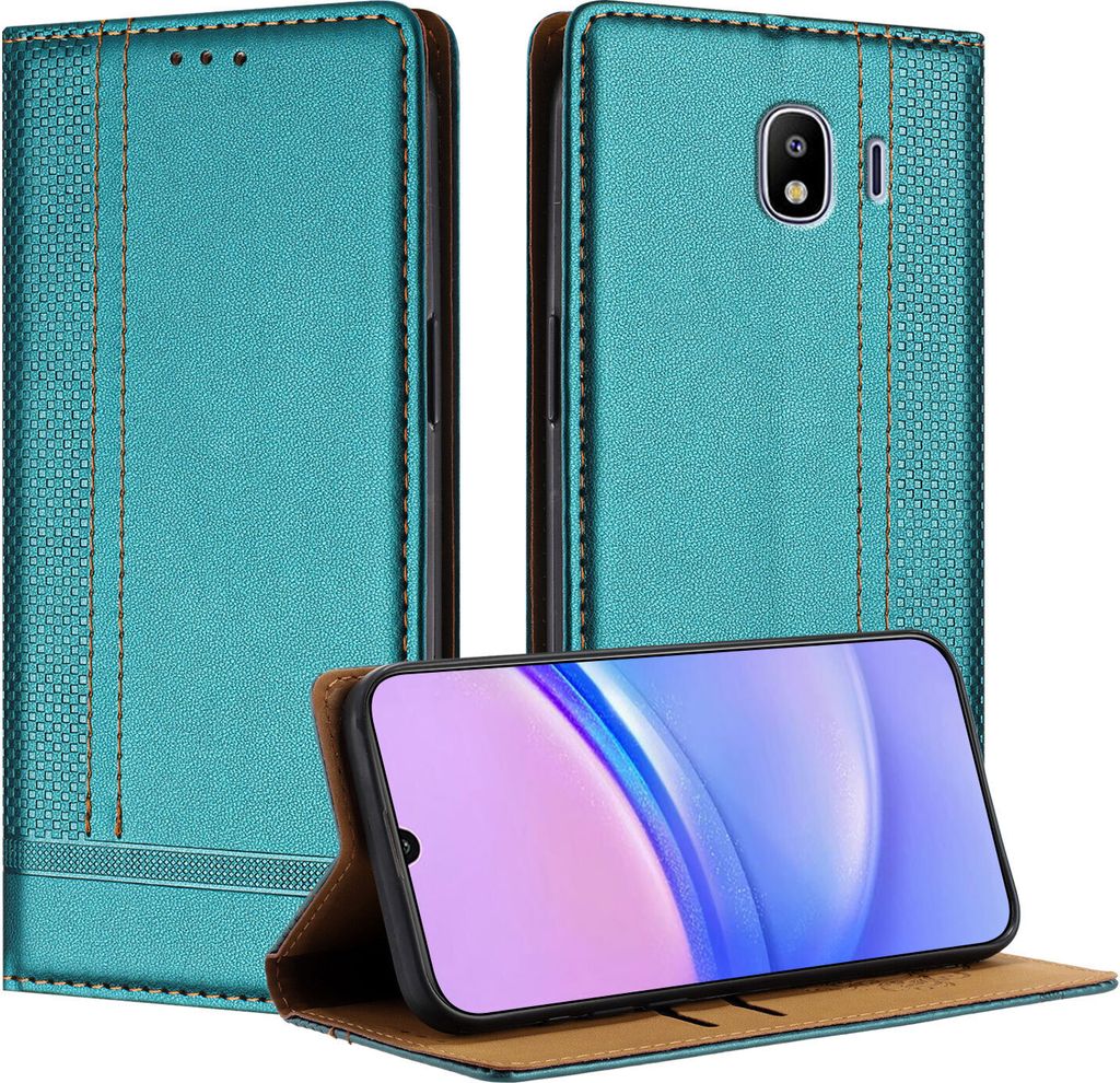 Handyhülle für Samsung Galaxy J4 2018 Leder Flip Klappbare Schutzhülle mit Standfunktion Grün