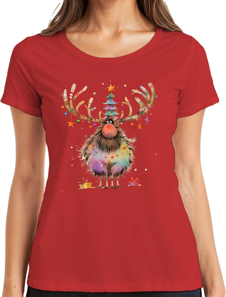 Lustiges Weihnachtsrentier Geweih Weihnachtsbaum Lichterkette Damen T-Shirt, Rot, M