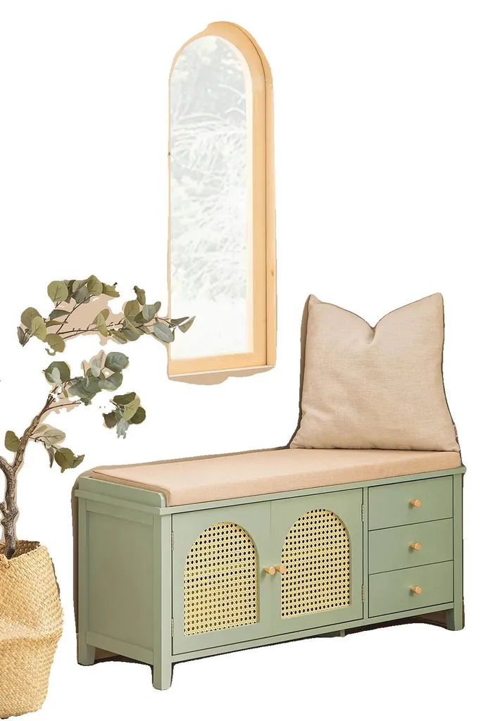 Meuble d'entrée Banc à Chaussures Vert Design Grillagé avec Étagère