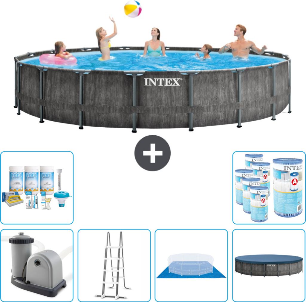 Intex Round Prism Frame Greywood-Schwimmbecken – 549 x 122 cm – inklusive Pumpe – Leiter – Bodenplane – Abdeckung Wartungspaket - Filter