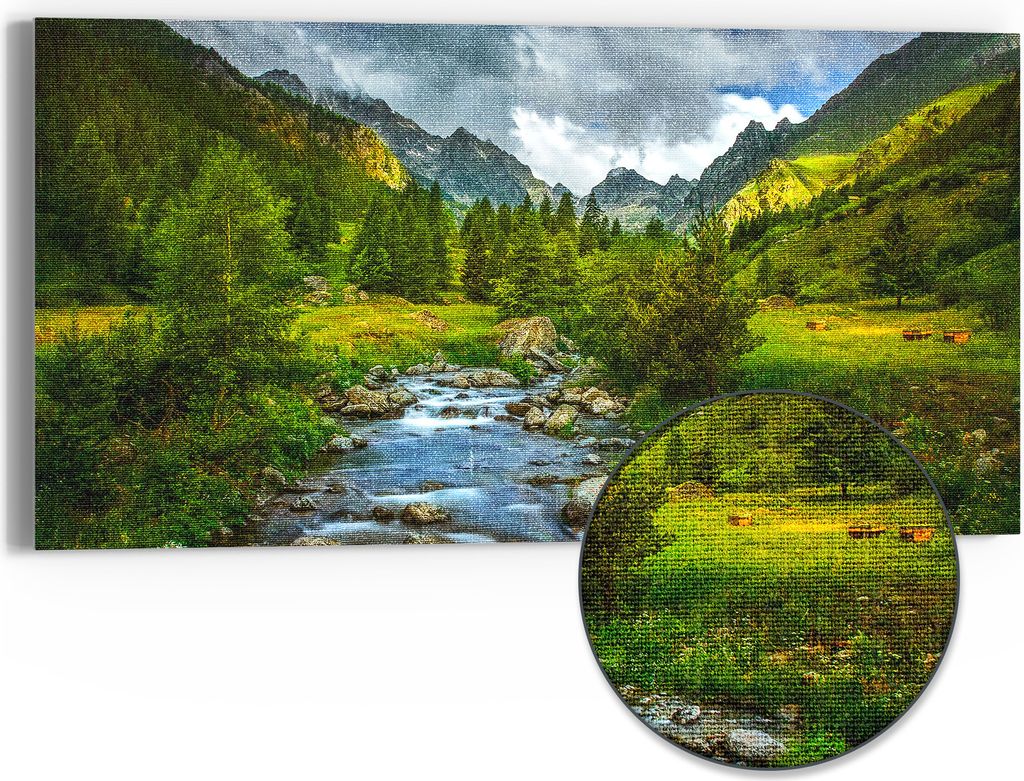 DEQORI Hybrid Leinwand Bild 60x30 cm 'Idyllischer Bergfluss' Wandbild Glas flach modern
